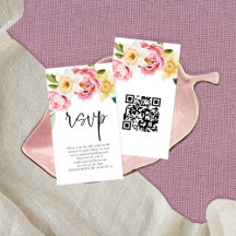 Pink Yellow Florals Script QR Code Wedding RSVP