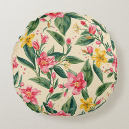 Pink Yellow Flowers, Florals, Green Stripes Round Rundes Kissen