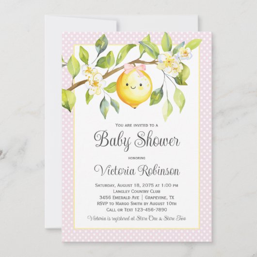 Pink Yellow Girl Lemon Babydusche Einladung (Vorderseite)