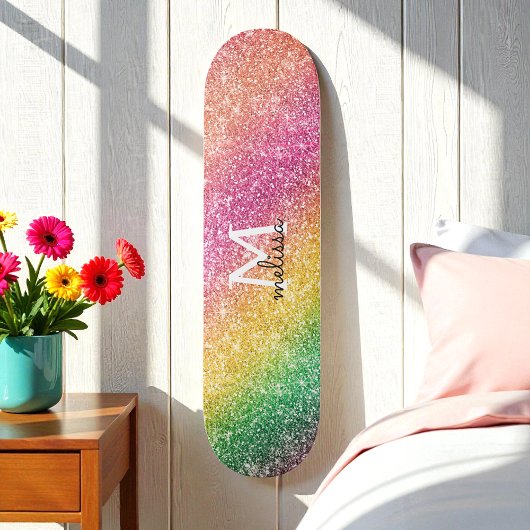 Pink Yellow Green Glitter Rainbow Monogram Skateboard