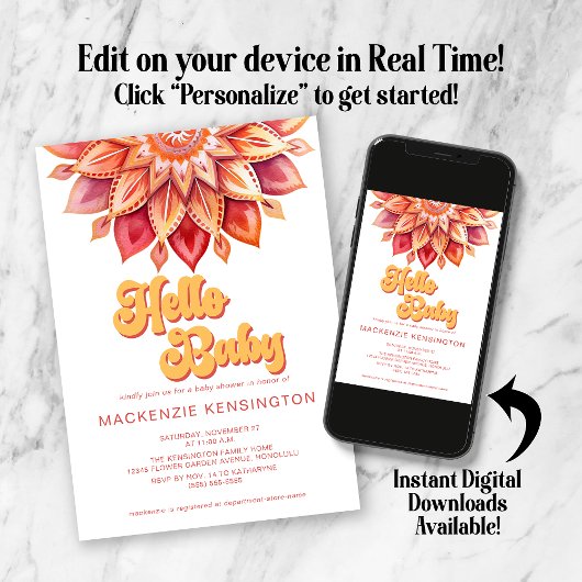 Pink Yellow Hello Retro Hippie Blume Kinderdusche Einladung