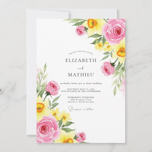 Pink Yellow Jubilant Spring Wedding Einladung (Vorderseite)