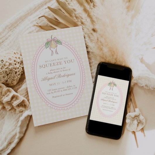 Pink & Yellow Lemon Bow Baby Shower Einladung