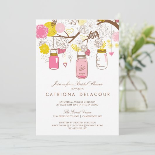 Pink & Yellow Mason Jars Bridal Dusche Einladung (Stehend Vorderseite)