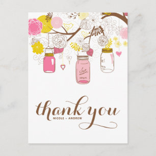 Pink & Yellow Mason Jars Floral Danke Postcard Postkarte