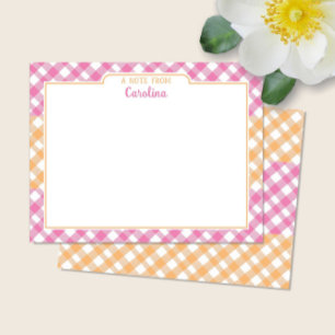 Pink & Yellow Orange Preppy Gingham Stationierung Mitteilungskarte