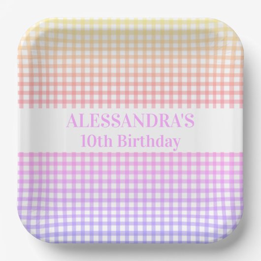 Pink Yellow Pastel Gradient Gingham Birthday Pappteller (Vorderseite)