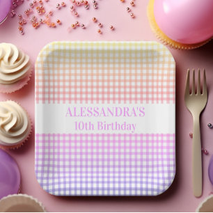 Pink Yellow Pastel Gradient Gingham Birthday Pappteller