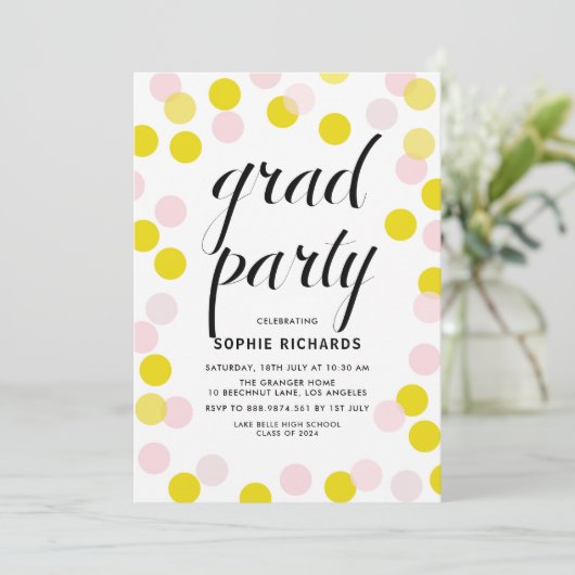 Pink & Yellow Polka Dots Confetti Graduation Party Einladung (Stehend Vorderseite)