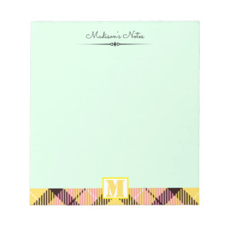 Pink Yellow Tartan Custom Script Monogram Celadon Notizblock