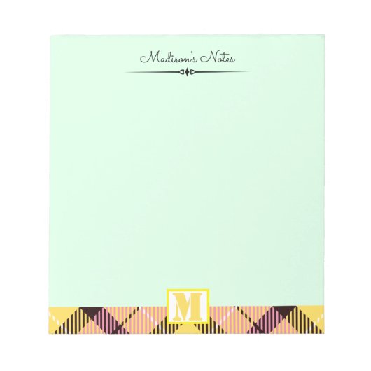 Pink Yellow Tartan Custom Script Monogram Celadon Notizblock (Vorderseite)