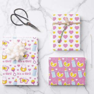 PINK YELLOW WHITE NIEDLICH BABY GIRL ITEMS GESCHENKPAPIER SET
