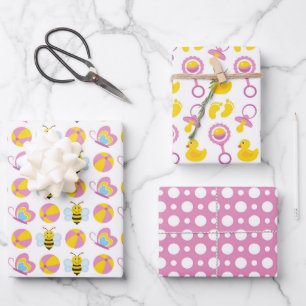 PINK YELLOW WHITE NIEDLICH BABY GIRL ITEMS GESCHENKPAPIER SET