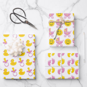 PINK YELLOW WHITE NIEDLICH BABY GIRL ITEMS GESCHENKPAPIER SET