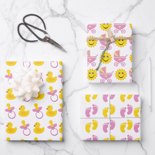 PINK YELLOW WHITE NIEDLICH BABY GIRL ITEMS GESCHENKPAPIER SET (Vorderseite)