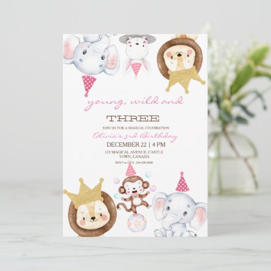 Pink Young Wild and Three Animals Birthday Party Einladung (Stehend Vorderseite)