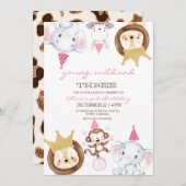 Pink Young Wild and Three Animals Birthday Party Einladung (Vorne/Hinten)