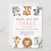 Pink Young Wild and Three Safari Birthday Party Einladung (Vorderseite)