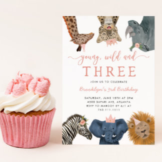 Pink Young Wild und Three Safari Geburtstagsparty Einladung
