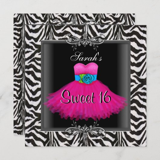 Pink Zebra 16 . Geburtstag 16 Geburtstag Schwarzes Einladung (Vorne/Hinten)
