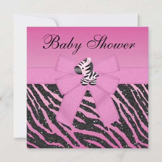 Pink Zebra bedruckte Bow & Glitzer Look Babydusche Einladung (Vorderseite)