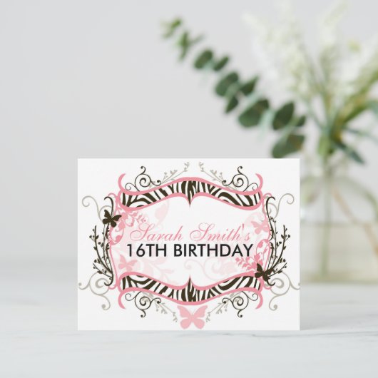 Pink Zebra Birthday Einladung (Stehend Vorderseite)