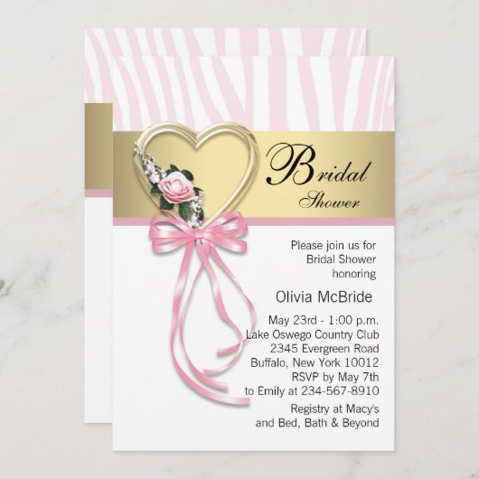 Pink Zebra Black Gold Zebra Brautparty Einladung (Vorne/Hinten)