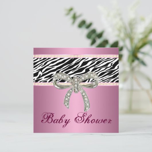 Pink Zebra Diamond Bow Kinderdusche Einladung (Stehend Vorderseite)