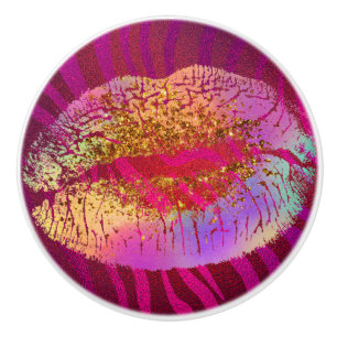 Pink-Zebra-Druck Regenbogen-Gold-Glitter-Lippen Ku Keramikknauf