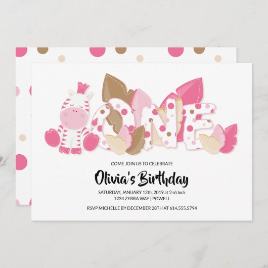 Pink Zebra Einladung zum ersten Geburtstag (Vorne/Hinten)