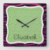 Pink Zebra, Glitzer Zebra, Zebra Print, Ihr Name Quadratische Wanduhr (Vorderseite)