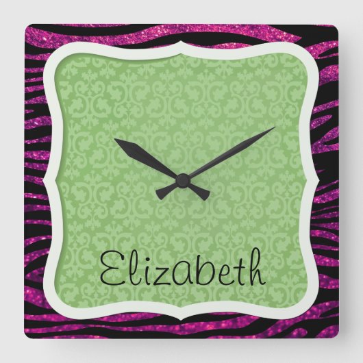 Pink Zebra, Glitzer Zebra, Zebra Print, Ihr Name Quadratische Wanduhr (Vorderseite)