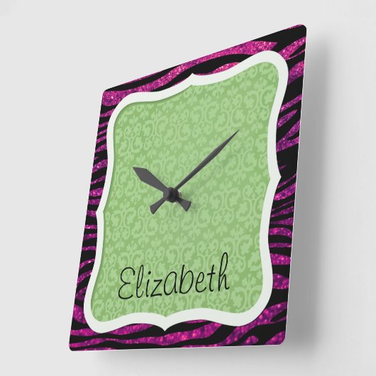 Pink Zebra, Glitzer Zebra, Zebra Print, Ihr Name Quadratische Wanduhr (Winkel)