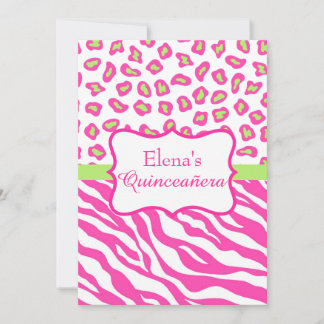 Pink Zebra Leopard Skin Quinceañera Einladung