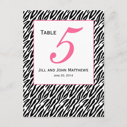 Pink Zebra Pattern Hochzeitskarte der Tischnummer (Vorderseite)