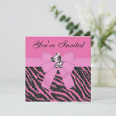 Pink Zebra, Princess Crowns & Animal Print Glitzer Einladung (Stehend Vorderseite)