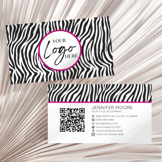 Pink Zebra Print Custom Company Logo QR Code Visitenkarte