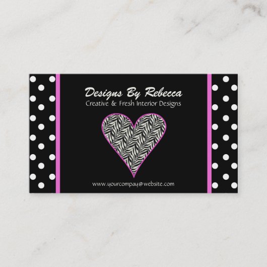 Pink Zebra Print Heart & Polka Dos Business Card Visitenkarte (Vorderseite)