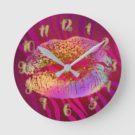 Pink Zebra Print Rainbow Glitter Lips Kiss Custom Runde Wanduhr (Vorderseite)