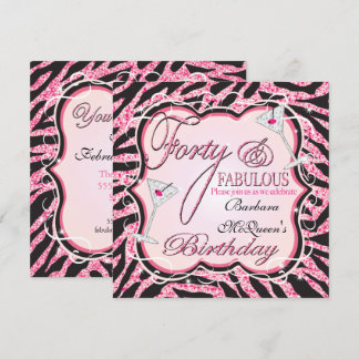 Pink Zebra Sequin 40. Geburtstags-Party Einladunge Einladung