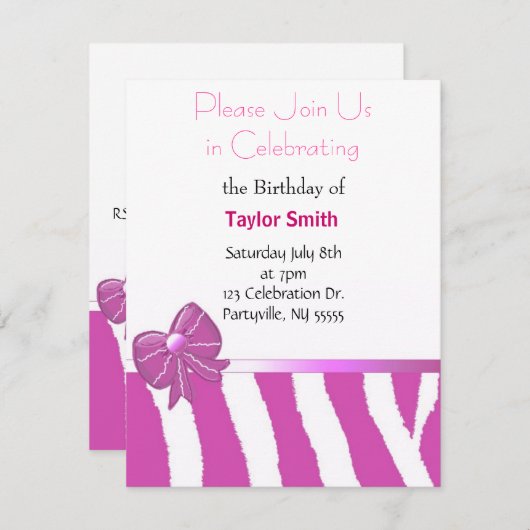 Pink Zebra Sripes Einladung zum Geburtstag (Vorne/Hinten)