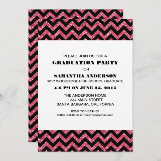 Pink Zickzack Glitzer Graduation Party Einladung (Vorne/Hinten)