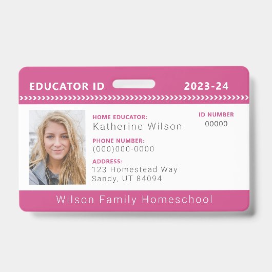 Pink Zickzack Homeschool Educator ID Abzeichen Ausweis (Vorderseite)