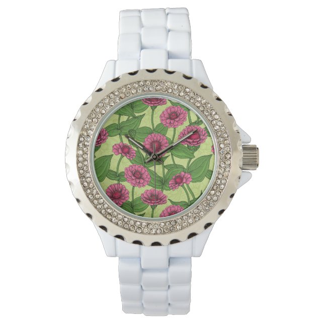 Pink Zinnias auf hellgrün Armbanduhr (Vorderseite)