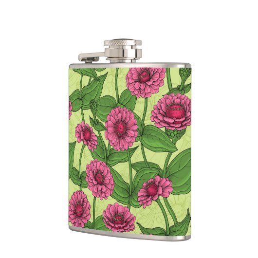 Pink Zinnias auf hellgrün Flachmann (Links)