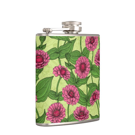 Pink Zinnias auf hellgrün Flachmann (Rechts)