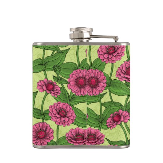 Pink Zinnias auf hellgrün Flachmann (Rückseite)