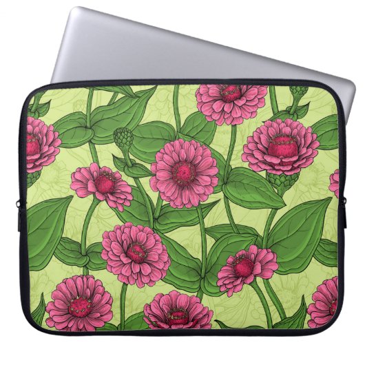 Pink Zinnias auf hellgrün Laptopschutzhülle (Vorderseite)
