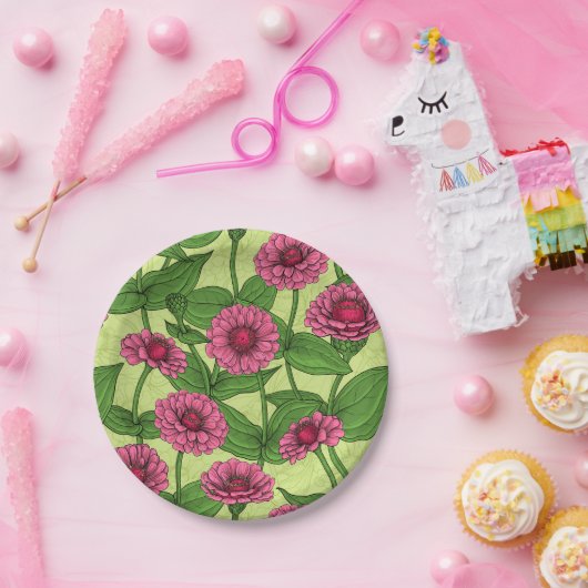 Pink Zinnias auf hellgrün Pappteller (Party)
