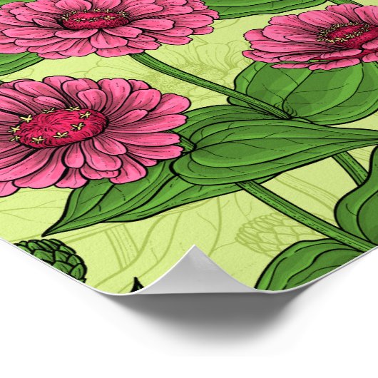 Pink Zinnias auf hellgrün Poster (Ecke)